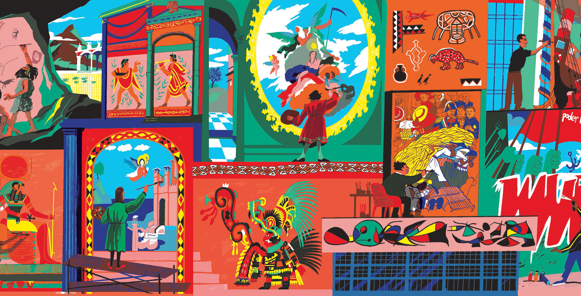 O artista João Fazenda criou para este espaço uma história visual da pintura mural, evocando alguns dos seus momentos. 2025.