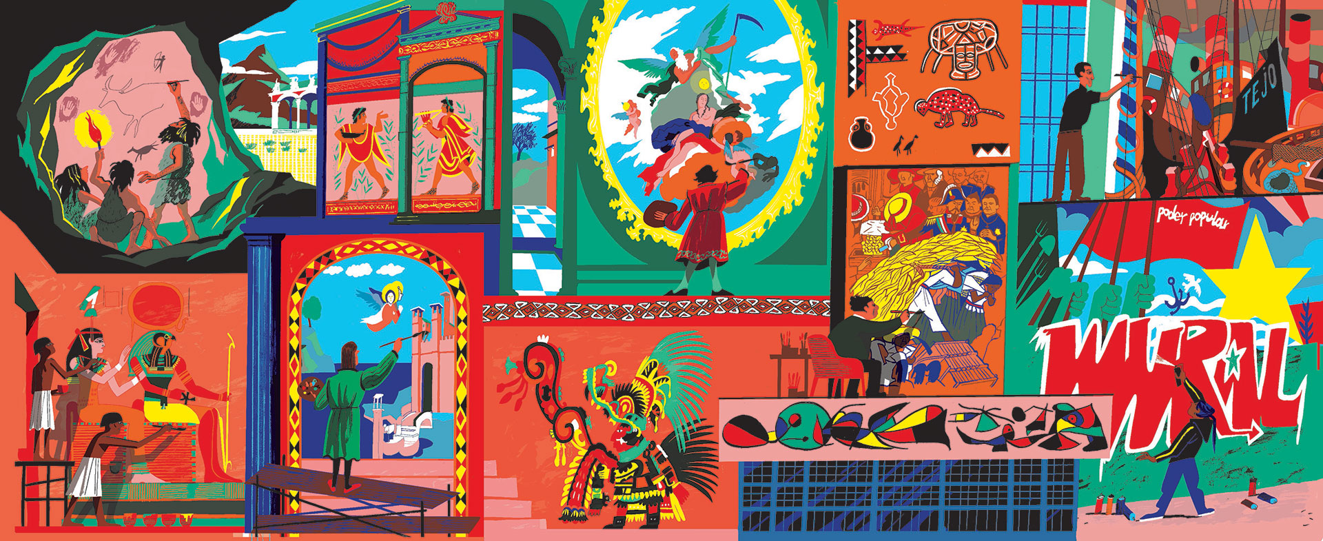 O artista João Fazenda criou para este espaço uma história visual da pintura mural, evocando alguns dos seus momentos. 2025.