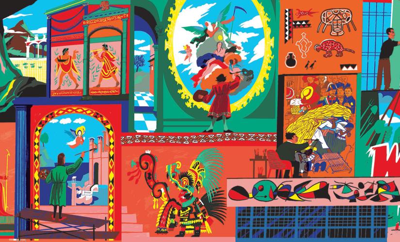 O artista João Fazenda criou para este espaço uma história visual da pintura mural, evocando alguns dos seus momentos. 2025.